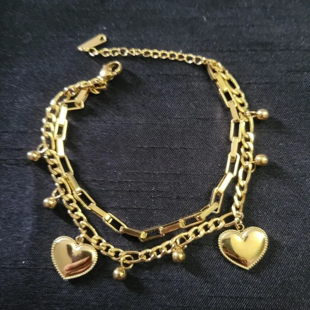 Gold Tone Layered Chain Brwcelet With Heart Charms
